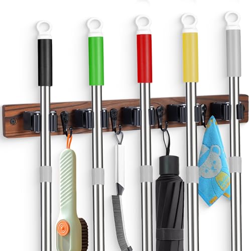 Broom Holder Wall Mount With 5 Slots & 4 Hooks (Brown)