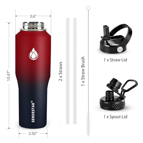 32oz Water Bottle Wide Mouth Stainless Steel Vacuum Insulated Double Wall with 2 Straw Lids Fit in Any Car Cup Holder (Carbon Red / 32 Ounces)
