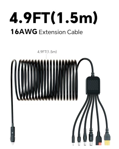 Car Charging Cable Compatible with Jackery Anker EcoFlow 16AWG Car Cigarette Lighter Charger to 6 in 1 Cable Cigarette Lighter Charging for Portable Power Station
