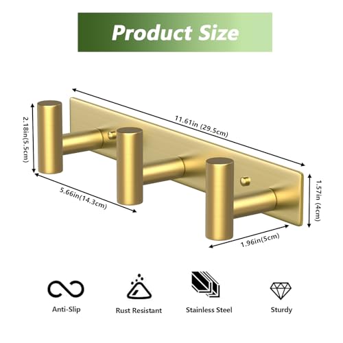 Wall Mounted Coat Rack ("T" Shape 3 Hooks - 1 Pack / Gold)