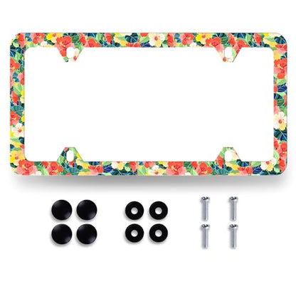 Pink Yellow Hibiscus License Plate Frame Hawaii License Holder with 4 Holes (Pink Yellow Hibiscus Floral)