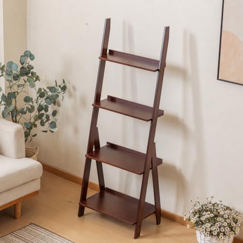 Bamboo Ladder Shelf Bookcase (4 Tier / Walnut)