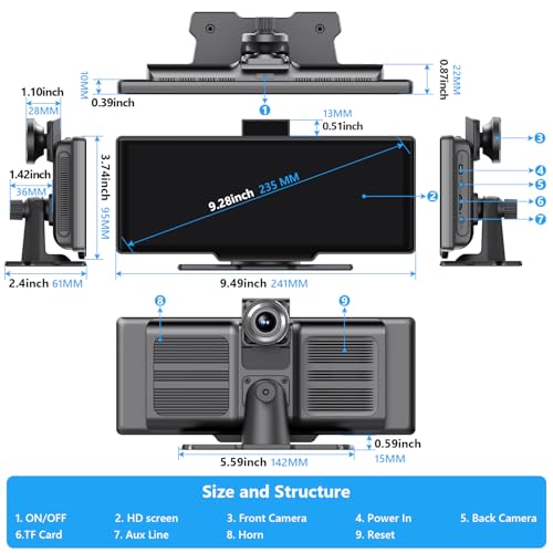 Portable Carplay Screen for Car 9.28" Carplay & Android Auto Car Touch Stereo (10.26" Carplay with 4K DVR & 1080p Rear Cam)