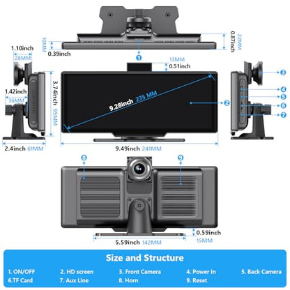Portable Carplay Screen for Car 9.28" Carplay & Android Auto Car Touch Stereo (10.26" Carplay with 4K DVR & 1080p Rear Cam)