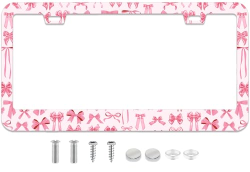 Flowers License Plate Frame Car Universal Stainless Steel Accessories with 2 Holes and Screws Fit for US Vehicles Size 12 x 6 Inches (Pink Pow-2)