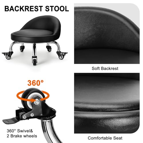 Rolling Stool with Backrest Low Height Rolling Stool with PU Leather (2"h Casters)