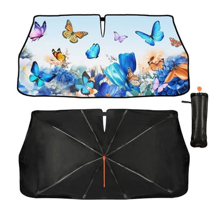 Butterfly Print Car Sunshade Umbrella Floral Windshield Sun Shade for Car Retractable Umbrella Sunshades for Front Window Butterflies Sun Shades Cover Visor Portector Block UV Rays (One Size / Style6)