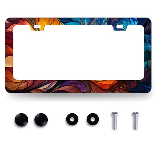 Stainless Steel Colorful Abstract Leaf License Plate Frame 12.3 x 6.3 Inch (Colorful Abstract Leaf Patterns)