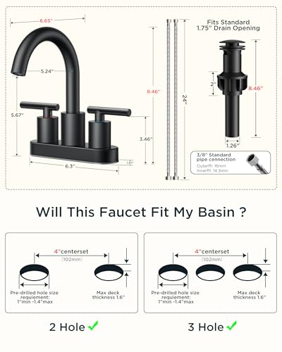 4 Inch Centerset Bathroom Faucet Black 2 Hole (Matte Black)