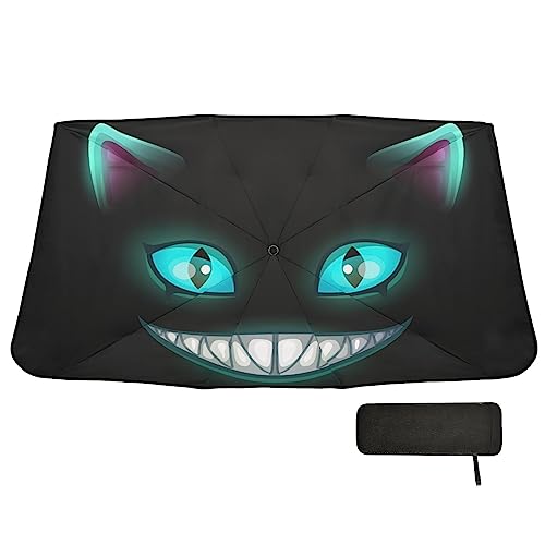 Fantasy Scary Laugh Cat Black Windshield Sun Shade Umbrella Cheshire Cat Halloween Foldable Car Front Window Sunshade Blocks UV Rays Heat Keep Vehicle Cool (multi 7)