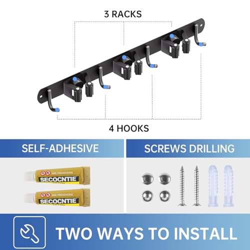 Wall Mount Broom Holder 3 Racks 4 Hooks Metal Tool Organizer Black (1Pack 3R4H / Black)