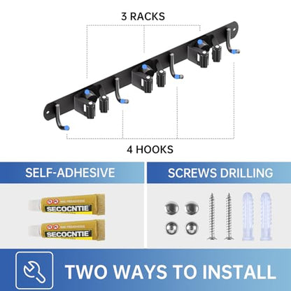 2 Pack Mop Broom Holder Wall Mount 3 Racks 4 Hooks Storage Black (2Pack 3R4H / Black)