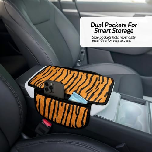 Animal Print Car Center Console Armrest Cover with 2 Side Pockets (Tiger Print)