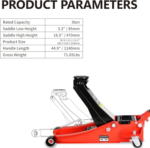 3 Ton Low Profile Floor Jack (Red - 3 Ton(Dual Pump), Lift 3.3"-18.5")