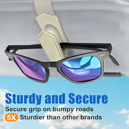 One-Handed-Operation Sunglasses Holder for Car, Visor Sunglass Holder Clip, Car Accessories Interior, Universal Fit Silicone Padded Visor Sunglass Holder Car, Unmatched Durability (2 Pack) (2 Pack / Beige)