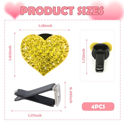 4PCS Heart Shaped Car Vent Clips with Rhinestone (Yellow)