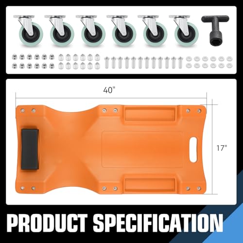 40" L X 19" W Vehicle Repair Low Profile Plastic Rolling Garage Shop Creeper with Padded Headrest (Orange / 40 Inches)