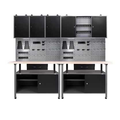 Garage Tool Storage Cabinet Workbench Desk with Wood Top Wall Pegboards