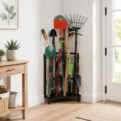 Garden Tool Organizer for Garage Corner (Triangel-Wheels-Black)