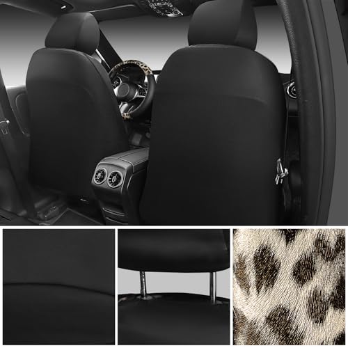 Leopard Print Faux Leather Car Seat Covers & Leopard Car Mats&Leopard Steering Wheel Cover Seat Belt Universal Car Accessories for SUV (Leopard Gold combo)