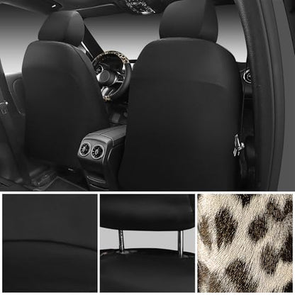 Leopard Print Faux Leather Car Seat Covers & Leopard Car Mats&Leopard Steering Wheel Cover Seat Belt Universal Car Accessories for SUV (Leopard Gold combo)