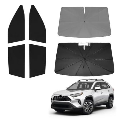Windshield Sun Shade Umbrella for Toyota RAV4 2019 2020 2021 2022 2023 2024 2025 Rear Window Shades 100% UV Protection and Blackout Privacy 5PCS Car Window Covers Accessories (5-Piece Set | Fits Toyota RAV4 2019-2025)