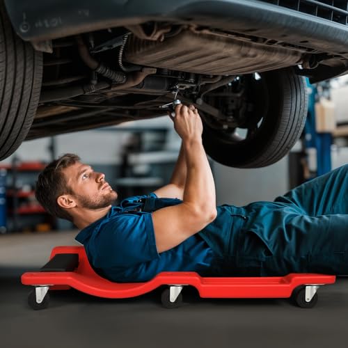 Mechanic Creeper with Padded Headrest and Tool Tray (Red / 36")