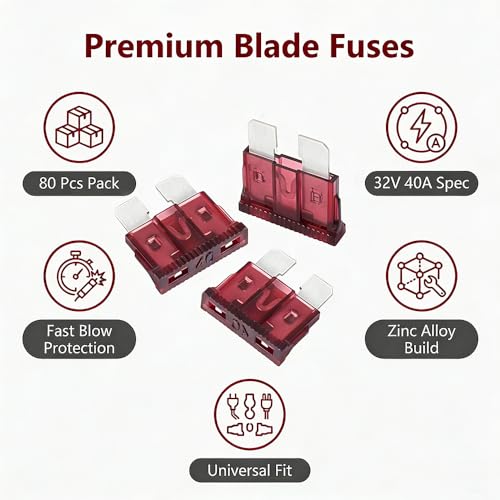 80Pcs) 40 Amp Standard Fuse, 40A Car Blade Fuses for Car/RV/Truck/SUV/Motorcycle/Boat (40A)