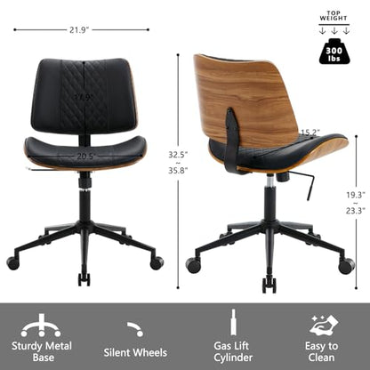 Home Office Chair No Arms with Wheels (Black / MCM Style)