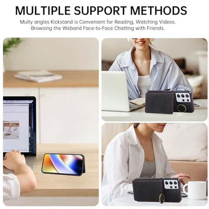 Compatible with Samsung Galaxy S21 Ultra 5G Wallet Case and Screen Protector Crossbody Shoulder Strap Ring Buckle Stand Card Holder Phone Cover for S21ultra 21S S 21 21ultra G5 Women Men Black (Black / for S21 Ultra)
