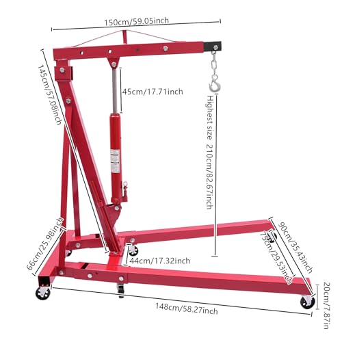 Folding Engine Hoist 2 Ton Engine Crane Lift with 6 Caster Wheels 4400LBS Steel Hydraulic Engine Crane 4 Adjustable Positions for Car Fixing Workshops Garages Warehouse (Red 1T)