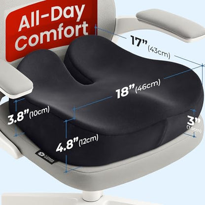 Seat Cushion Memory Foam Chair Cushion for Tailbone Pain Relief (Soft Black / XX-Large)