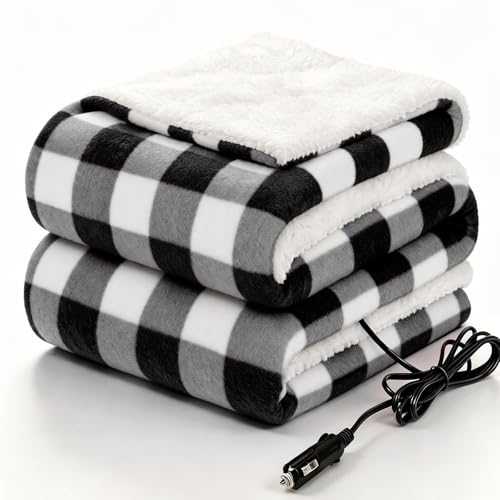 12 Volt Electric Portable Heated Car Blanket (Black Plaid)