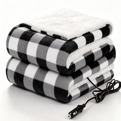 12 Volt Electric Portable Heated Car Blanket (Black Plaid)