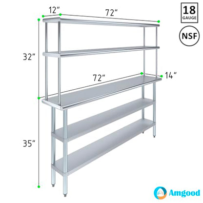Stainless Steel Work Table with 2 Shelves & Overshelf (14" x 72" Table With 2 Shelves + 12" Overshelf)