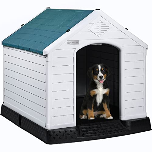Durable Waterproof Plastic Dog House for Small to Large Sized Dogs (Blue / 34"L x 31"W x 32"H)