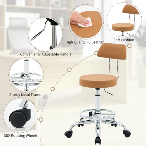 Rolling Stool with Back (Camel Brown / With Back & Footrest)