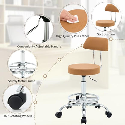 Rolling Stool with Back (Camel Brown / With Back & Footrest)
