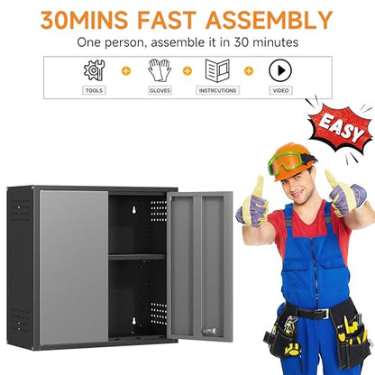 Metal Garage Wall Cabinet with 2 Doors and 1 Adjustable Shelf (Black&gray / 26"H Wall Cabinet(2-Door))