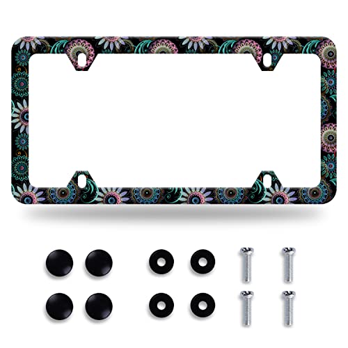 Mandala Flower License Plate Frame Stainless Steel Accessory 12.3x6.3 Inch (Mandala Flower)