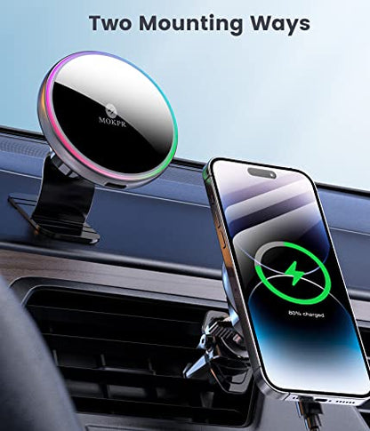 for Magsafe Car Mount Charger 15W LED RGB Car Phone Holder for Dash Vent (Brigh Black)