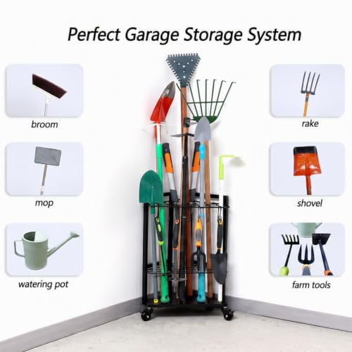 Garden Tool Organizer for Garage Corner (Triangel-Wheels-Black)