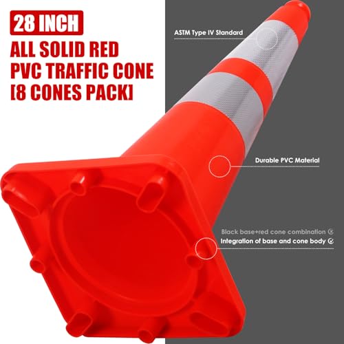 Overall Fluorescent Orange Red Integrated Traffic Cones (28"-Large 8 Pack)