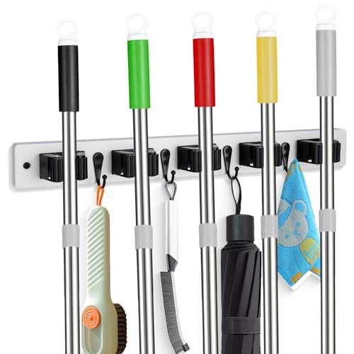 Broom Holder Wall Mount With 5 Slots & 4 Hooks (White)