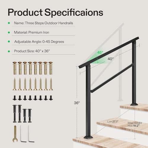 3 Step Stair Handrail 40"x36" Wrought Iron Porch Railing Black (Black / 3 Steps)