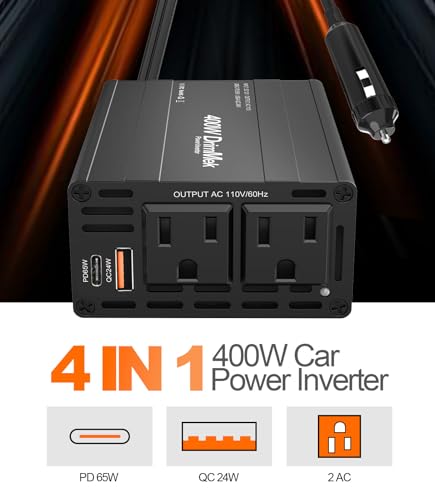 400W Car Power Inverter 12V to 110V AC｜24W+65W USB C (BLACK)