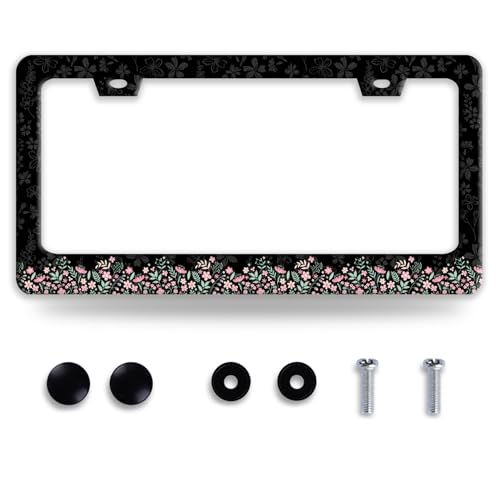 Cute Pink Flowers License Plate Frame Stainless Steel Floral License Holder (Cute Pink Small Flowers)