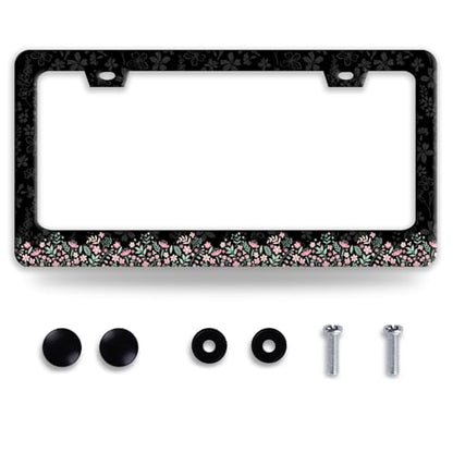 Cute Pink Flowers License Plate Frame Stainless Steel Floral License Holder (Cute Pink Small Flowers)