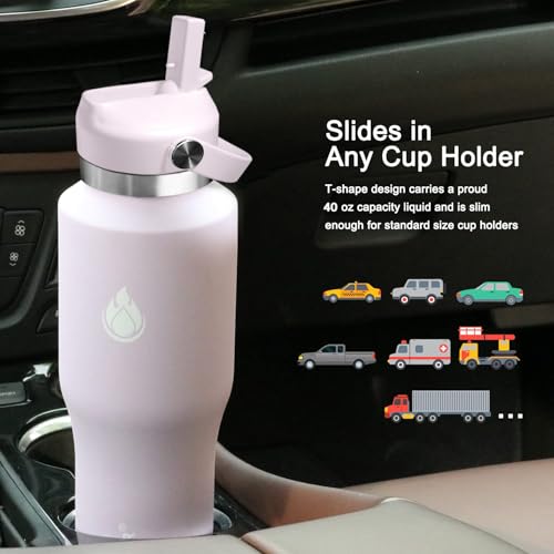 40oz Water Bottle Wide Mouth Stainless Steel Vacuum Insulated Double Wall with 2 Straw Lids Fit in Any Car Cup Holder (Lilac / 40 Ounces)