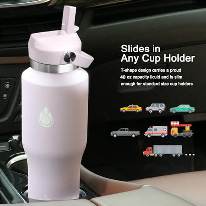 40oz Water Bottle Wide Mouth Stainless Steel Vacuum Insulated Double Wall with 2 Straw Lids Fit in Any Car Cup Holder (Lilac / 40 Ounces)
